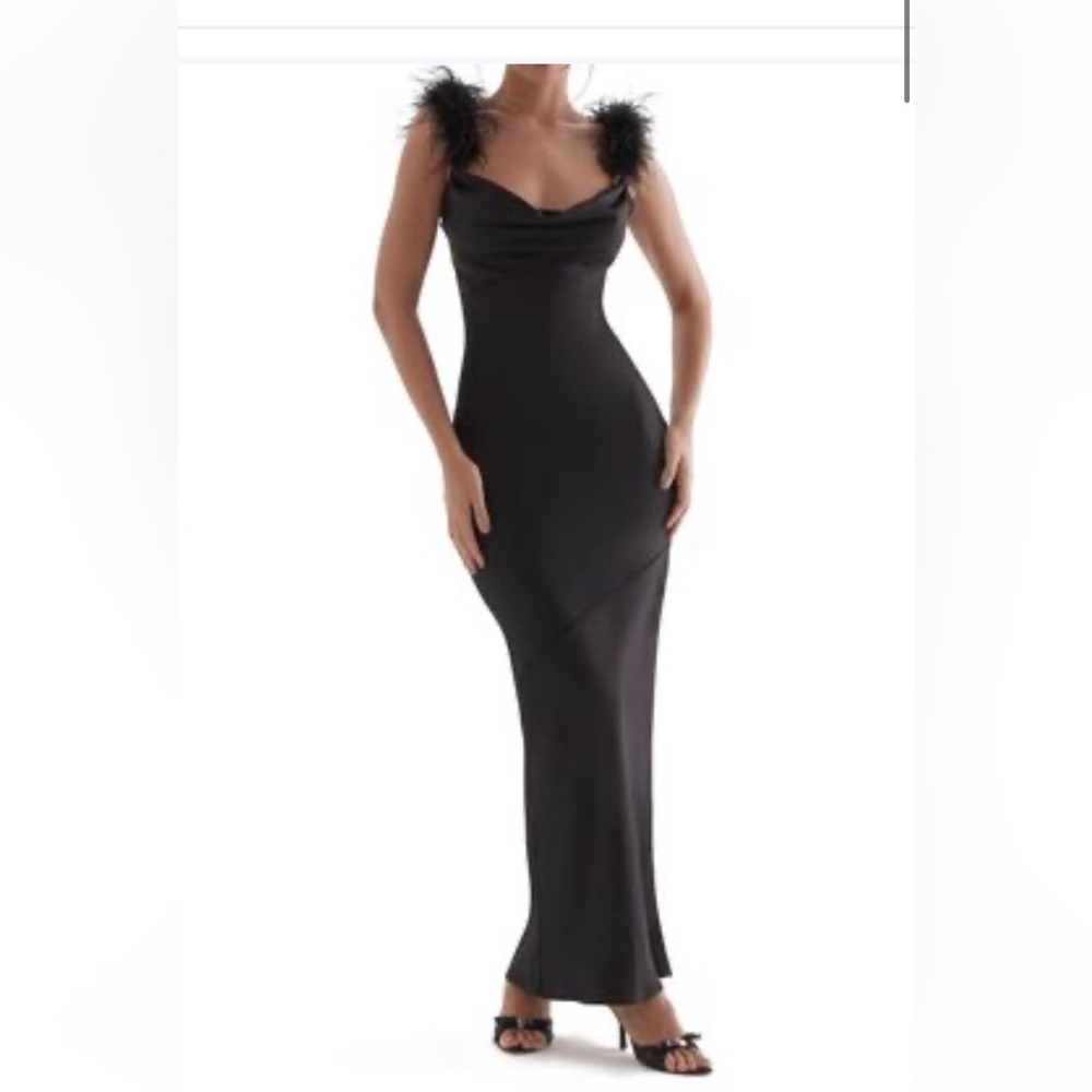 HOUSE OF CB Tabitha Feather Trim Matte Satin Sheath Gown in Black - Size M